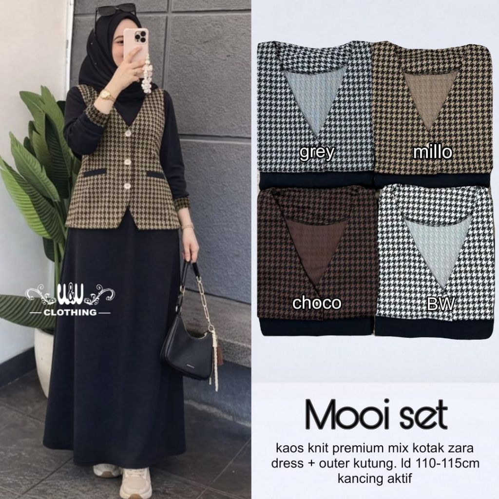Mooi Set Kaos Knit Premium mix kotak Zara Setelan Wanita Dress dan Outer Kutung Ld 110cm melar 115cm