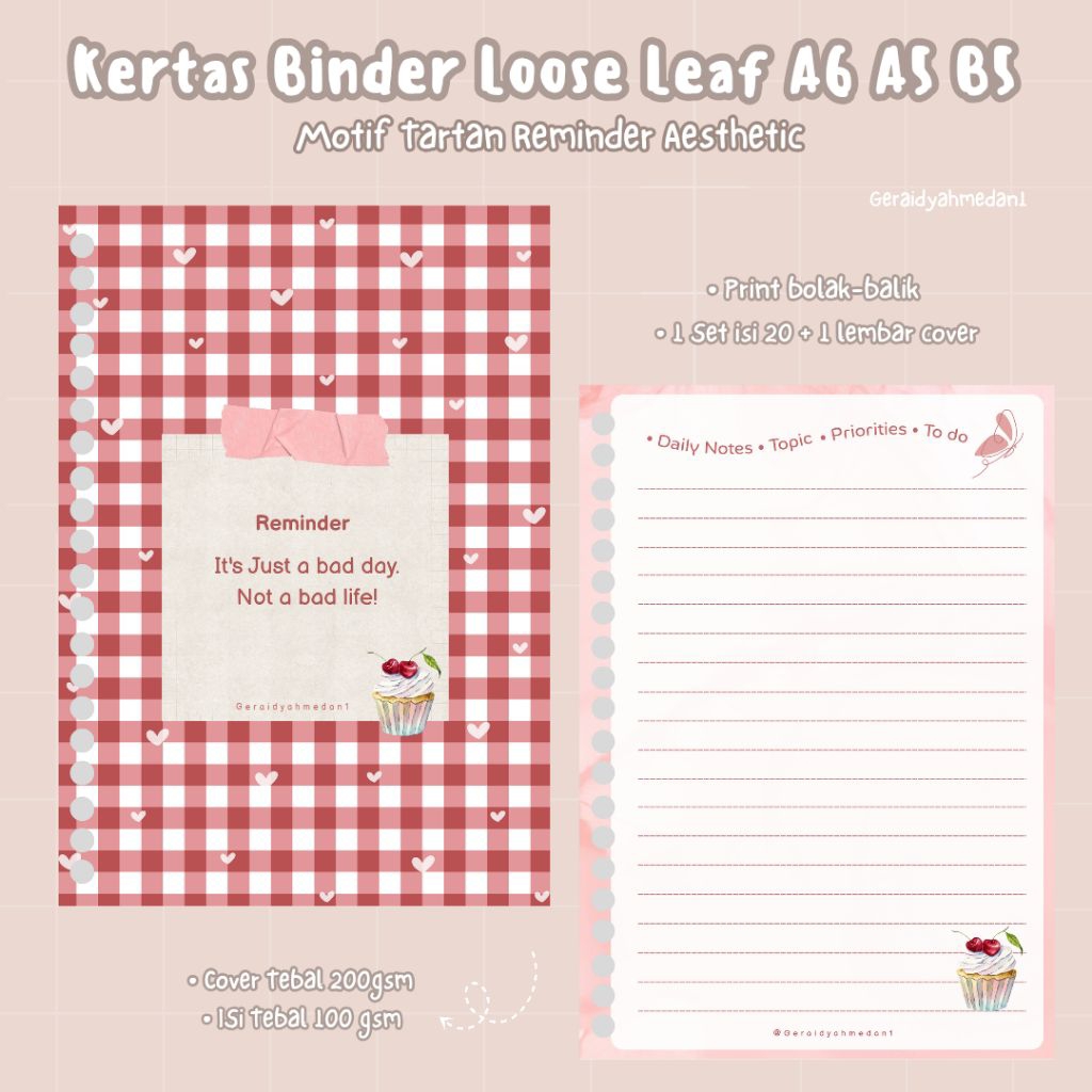 Kertas Binder Loose Leaf A6 A5 B5 Motif Tartan Reminder Aesthetic