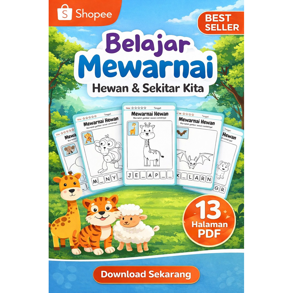 1002- Buku Mewarnai Hewan Anak – PDF Printable (13 Halaman)