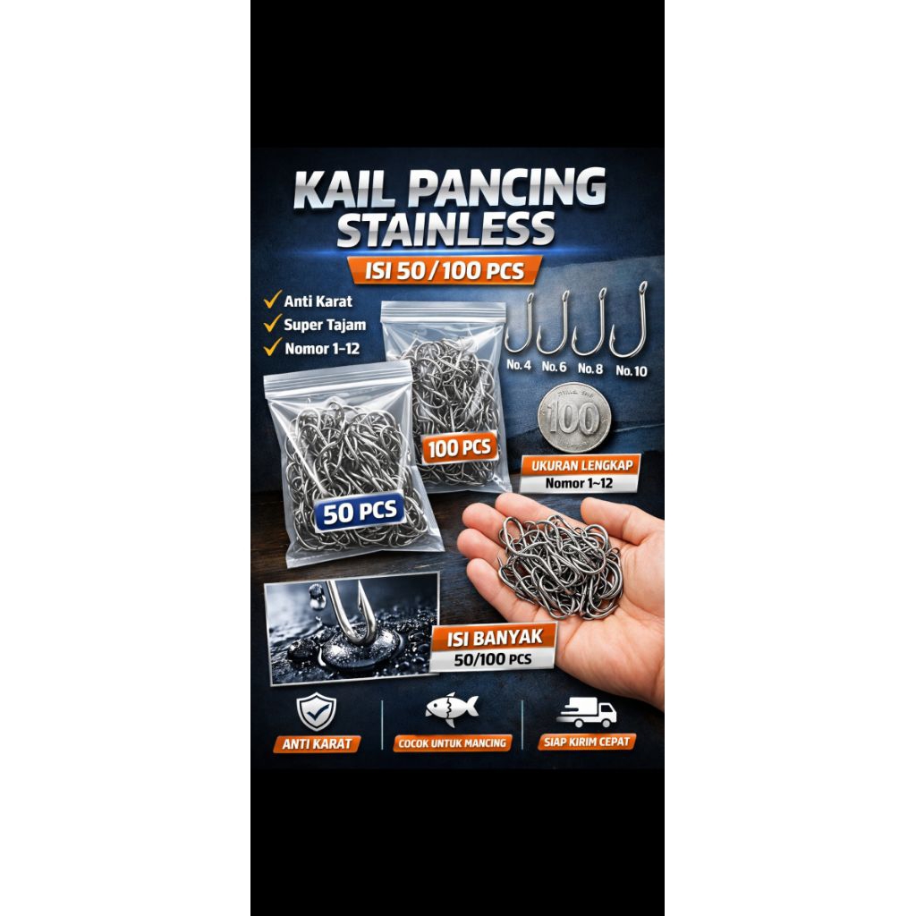 Kail Pancing Stainless / Mata Kail Ikan – No 1–12 Isi 50/100 pcs
