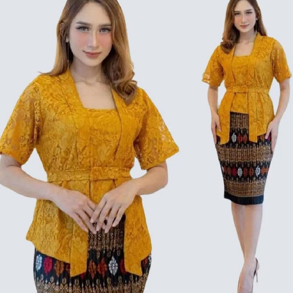 Setelan Kebaya Wanita Model Kutu Baru Lengan Pendek Bahan Brokat Premium Warna Emas