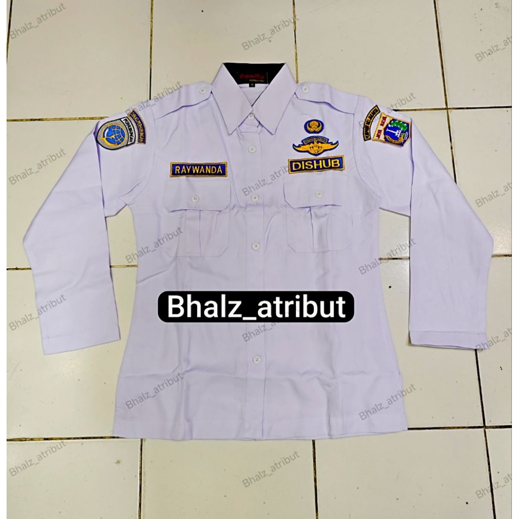 SERAGAM DISHUB WANITA KERAH BERDIRI / BAJU PUTIH DISHUB CEWEK / KEMEJA DISHUB WANITA PANJANG