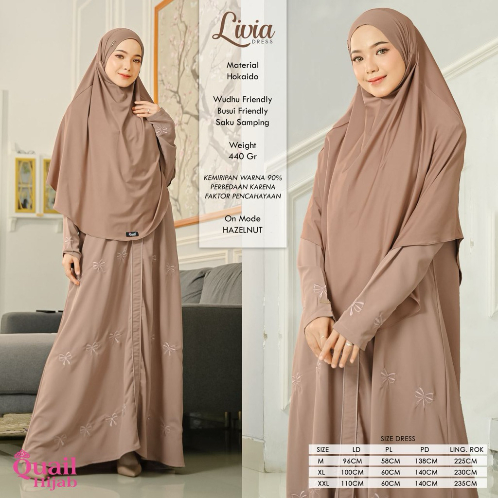 Livia Dress Gamis Original Quail Hijab Bahan Hokkaido Premium Exclusive Busui Wudhu Friendly LD Jumb