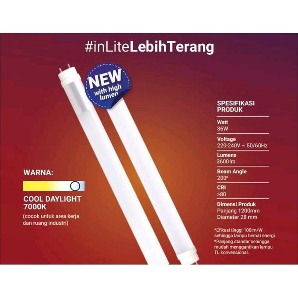 T8 inlite TL in lite 36watt cahaya putih 120cm TL LED INLITE 36WATT