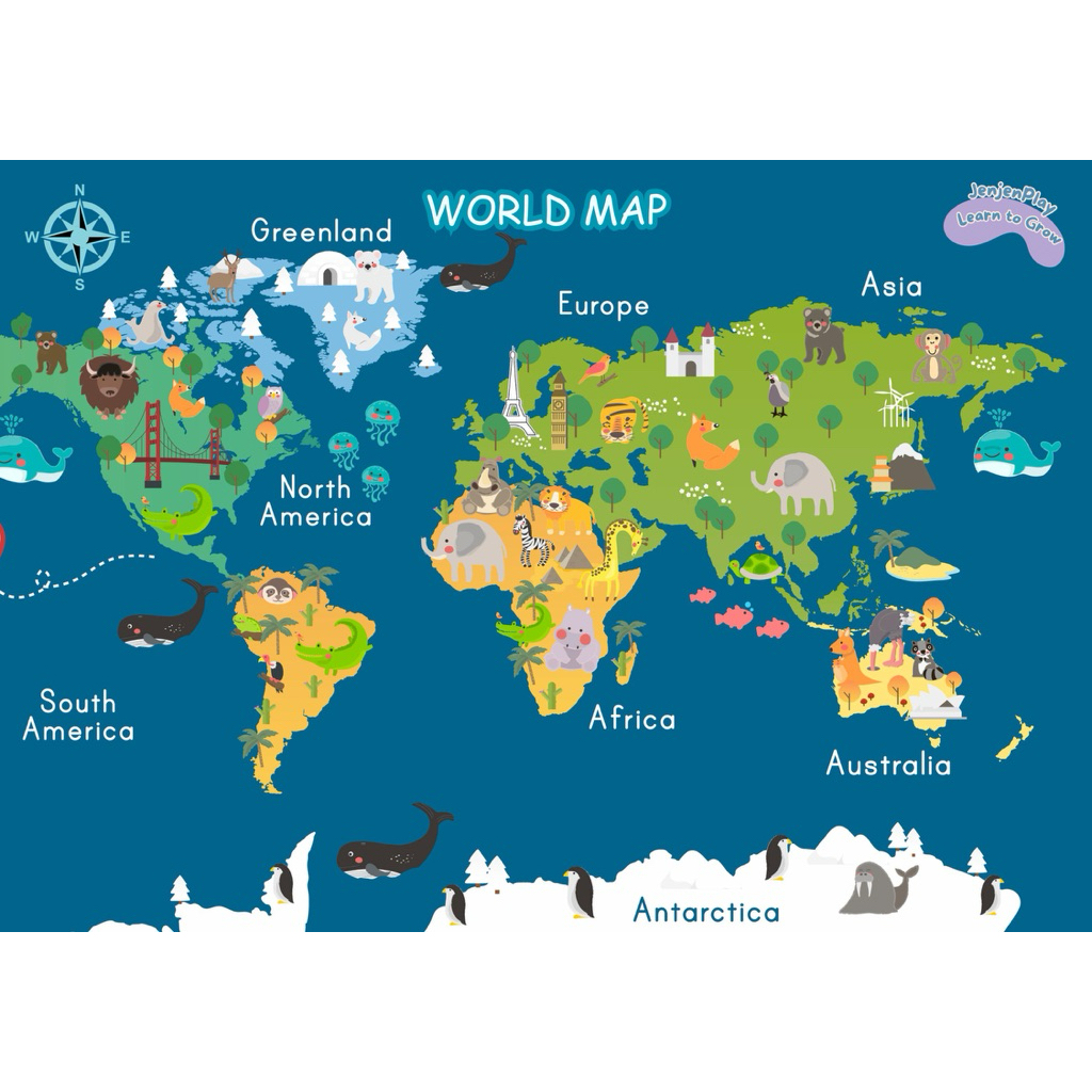 Kids World Map / Peta Dunia Anak Wipe and Clean dengan Bendera