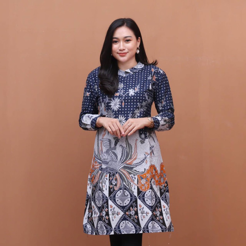 Atasan Batik Wanita Muslim Muslimah Tunik Baju Muslim Modern Navy Biru Kekinian