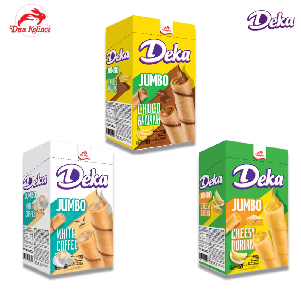 DEKA JUMBO Cheesy Durian, Choco Banana & White Coffee Wafer Roll 14 gr [20 stick/box]