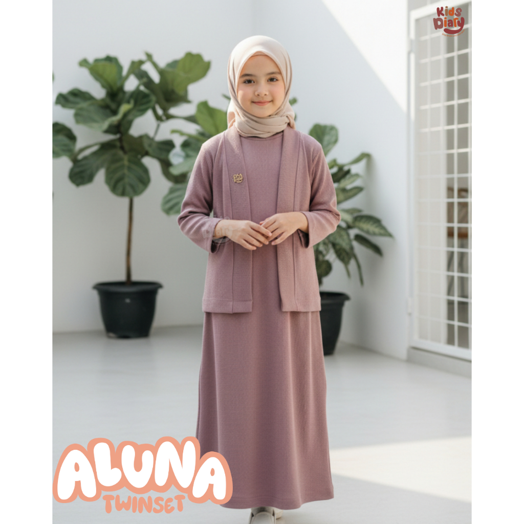 Aluna Setelan Anak Perempuan Polos Gamis Inner Mix Cardigan Twinset Set Muslim Premium Knit 1-14 Tah