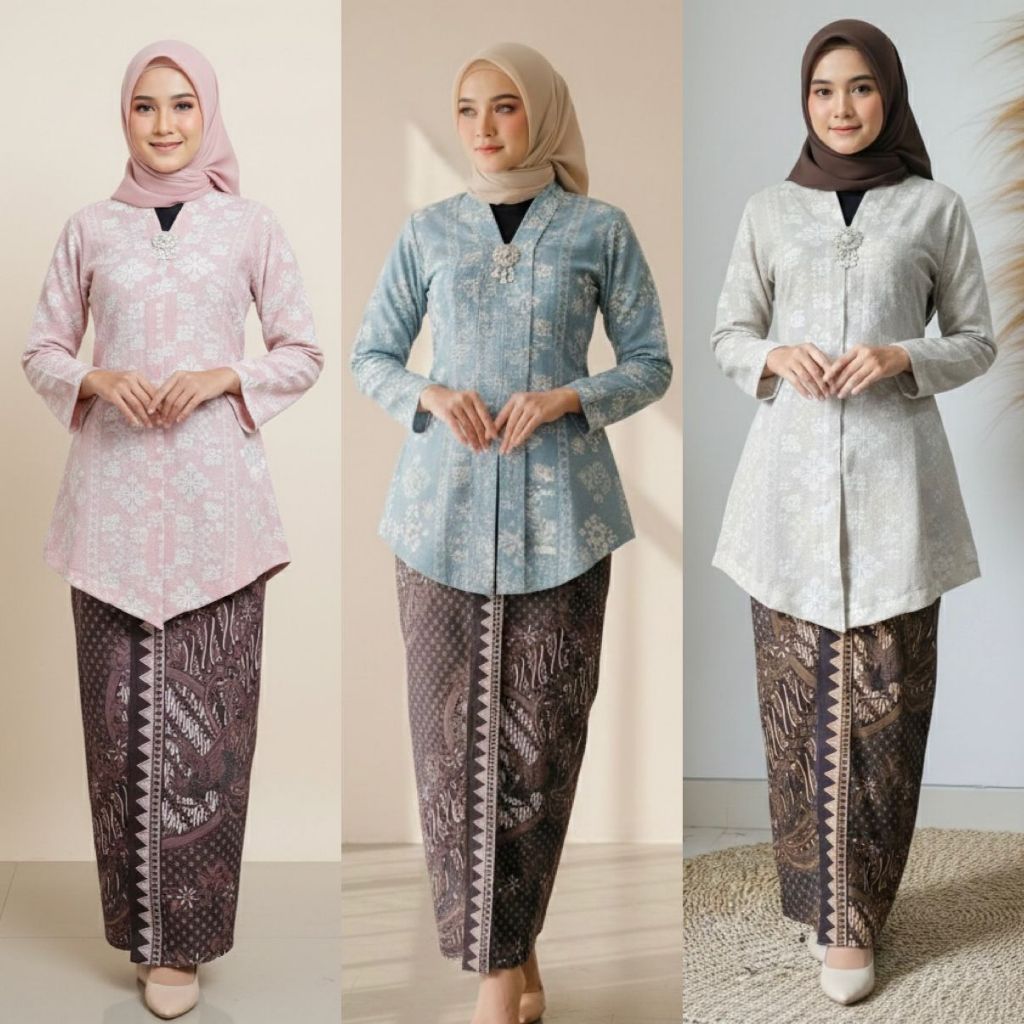 Kebaya Muslim Modern Bali Panjang Untuk Hijab Atasan Kebaya Tunik Jadi Siap Pakai Motif Bunga Etnik 