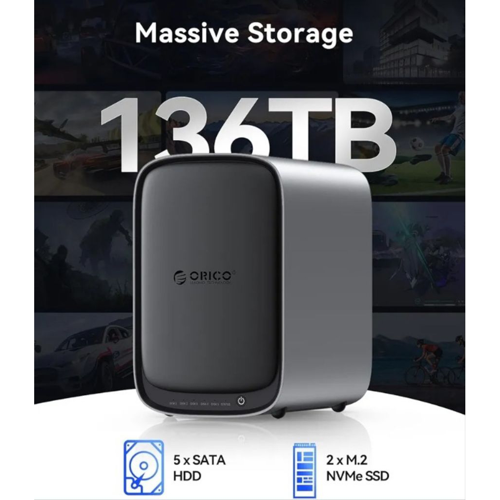 ORICO HS500 NAS Storage, AI Album and Virtual Machine, Flexible RAID Setup, 5* HDD Slot, 2 * M.2 NVM