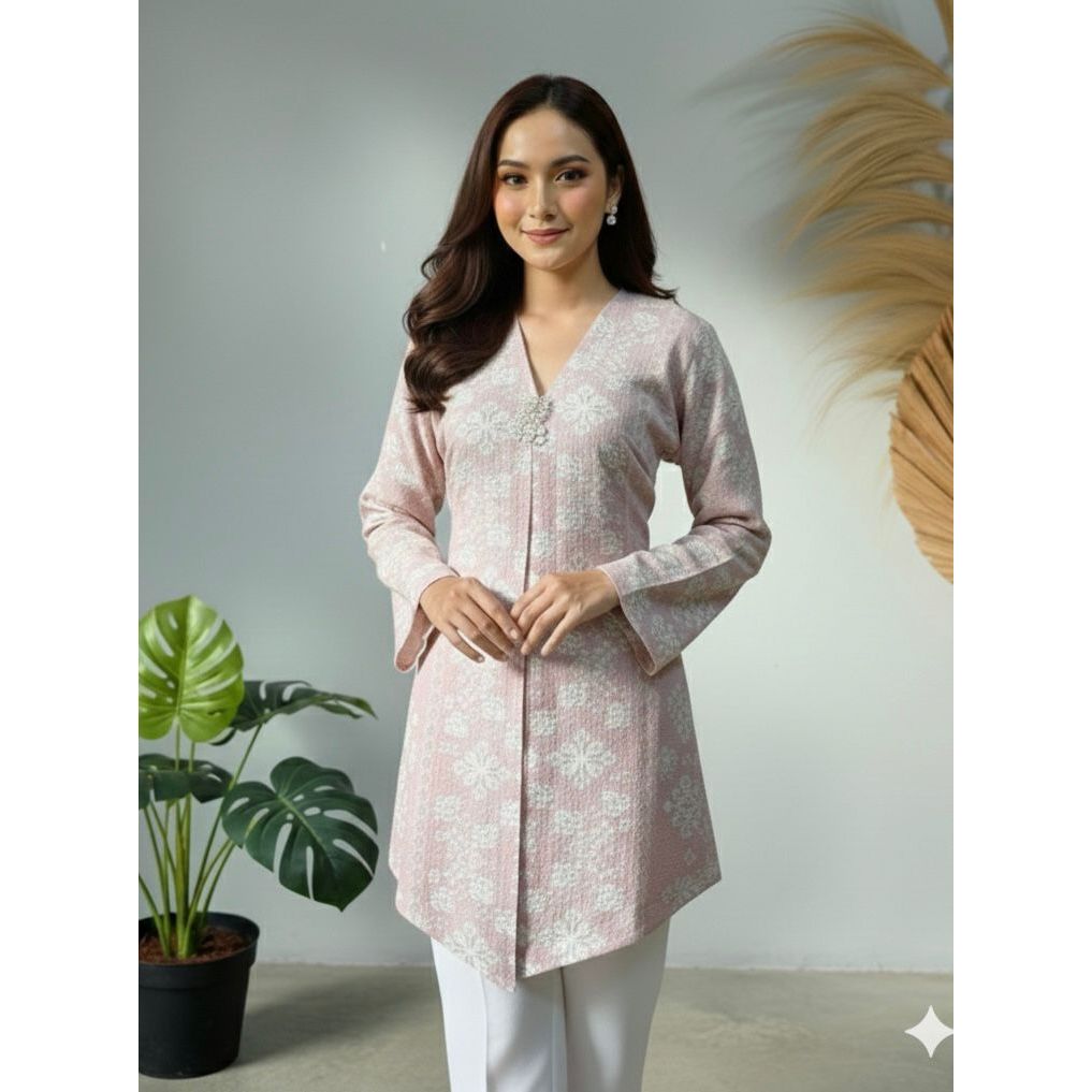 Long Tunik Crinkle Premium Motif Bunga Bahan Irish Borneo Adem Atasan Kebaya Muslim Baju Batik Klasi