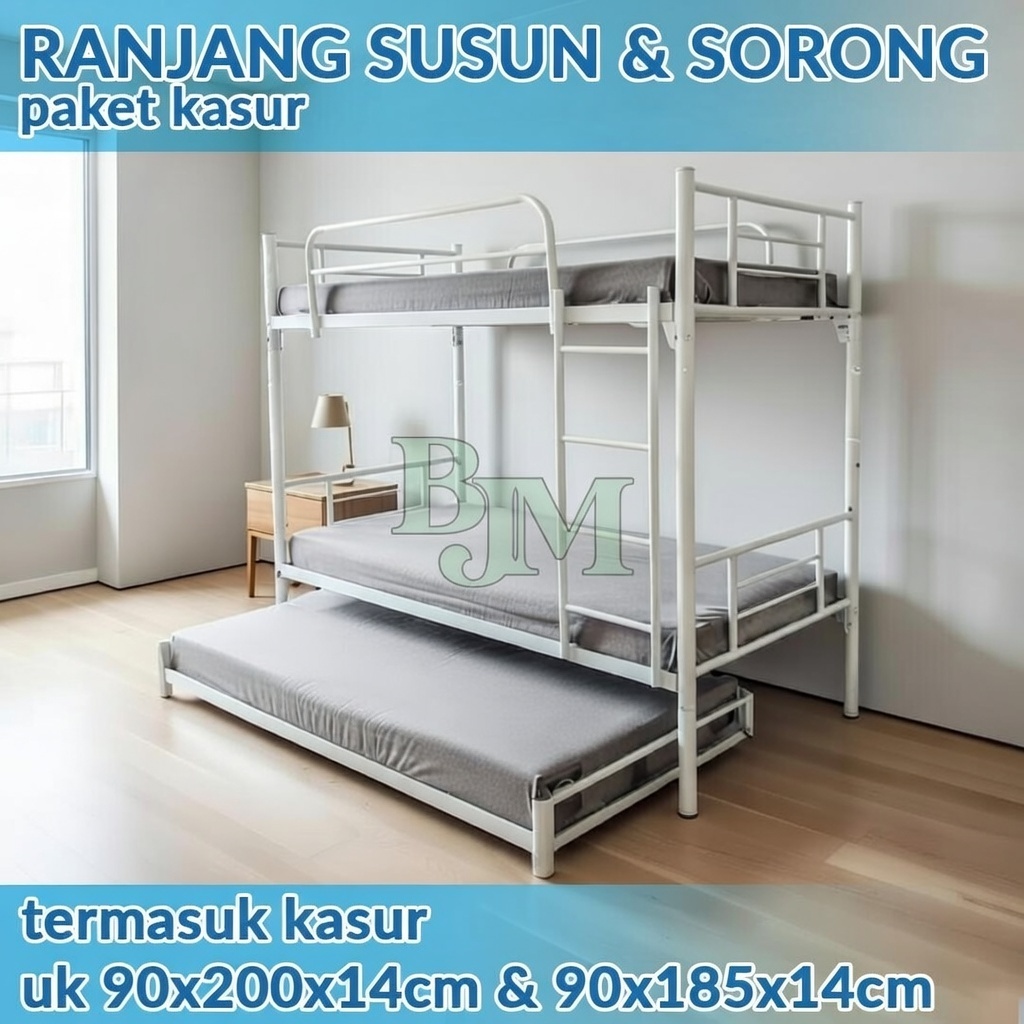 RANJANG SUSUN PAKET SORONG & KASUR RANJANG TINGKAT RANJANG 3 SUSUN RANJANG BESI BUNKBED PUTIH