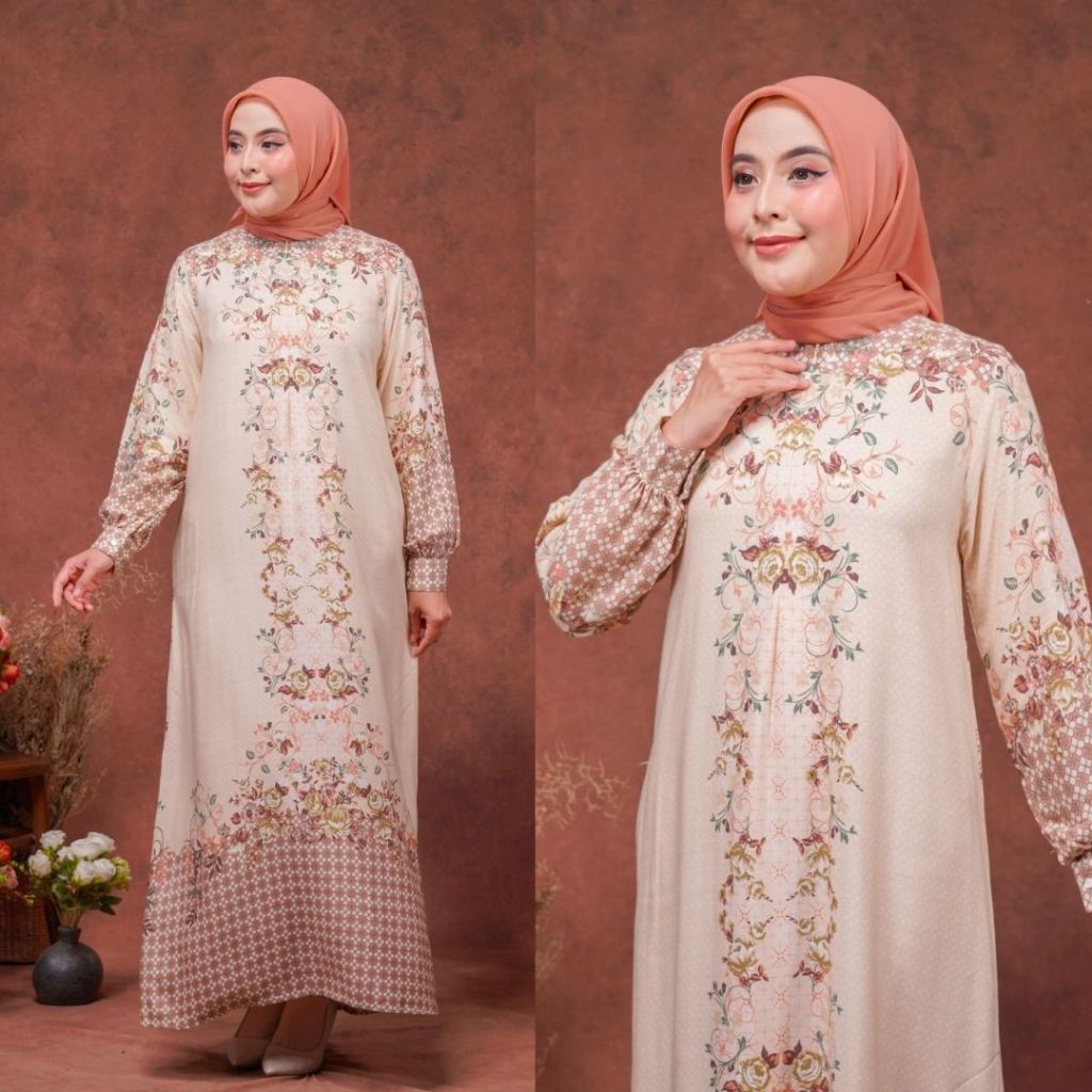TAZBIYA x BANESKA Gamis Rayon Motif Wanita | Gamis Busui Friendly | Dress Rayon Sizing