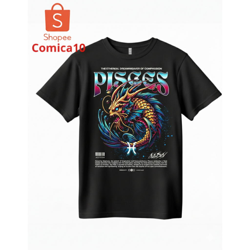 Baju Zodiak Pisces Premium Katun Hitam S-XXL / Kaos Zodiak Pisces Pria Wanita – T-Shirt Graphic Ikan