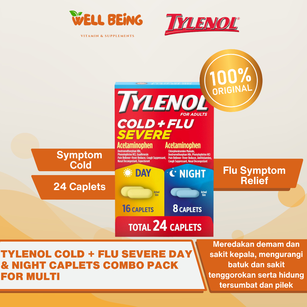 Tylenol Cold + Flu Severe Day & Night Caplets Isi 24 | WellBeing Original USA