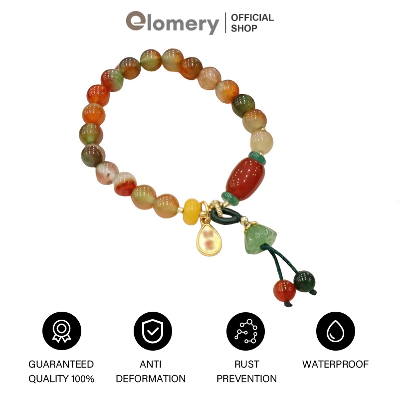 Elomery Gelang Gaya Etnik Retro Tali Tangan Ruyi Gelang Batu Alam Gaya Cina