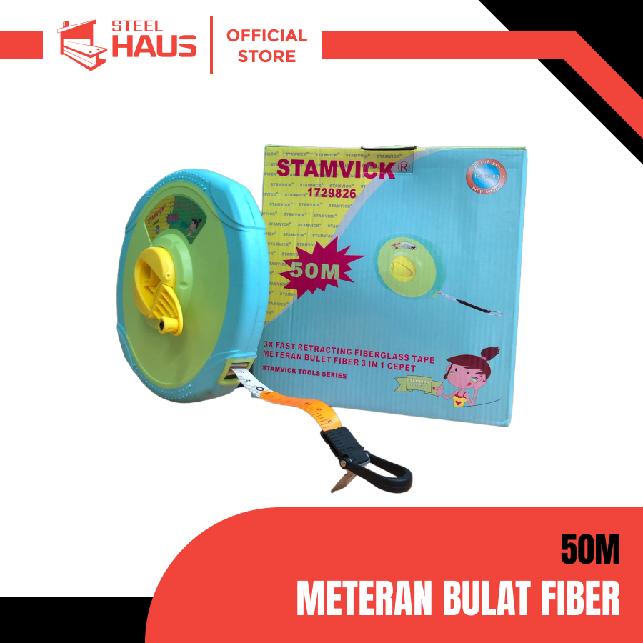 Meteran Kain bulat Full Fiber Stamvick Panjang 50meter - 3x Fast Retracting Fiberglass Tape