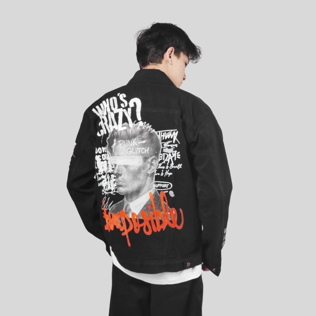 SMH Jaket Jeans Hitam - Jaket Denim Hitam Pria Costum Desain Punk Glitch Streetwear Casual Keren