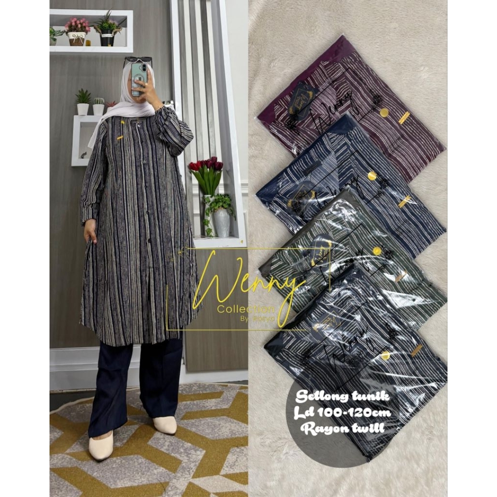 SETELAN LONG TUNIK RAYON MOTIF ABSTRAK GARIS TWILL WENNY