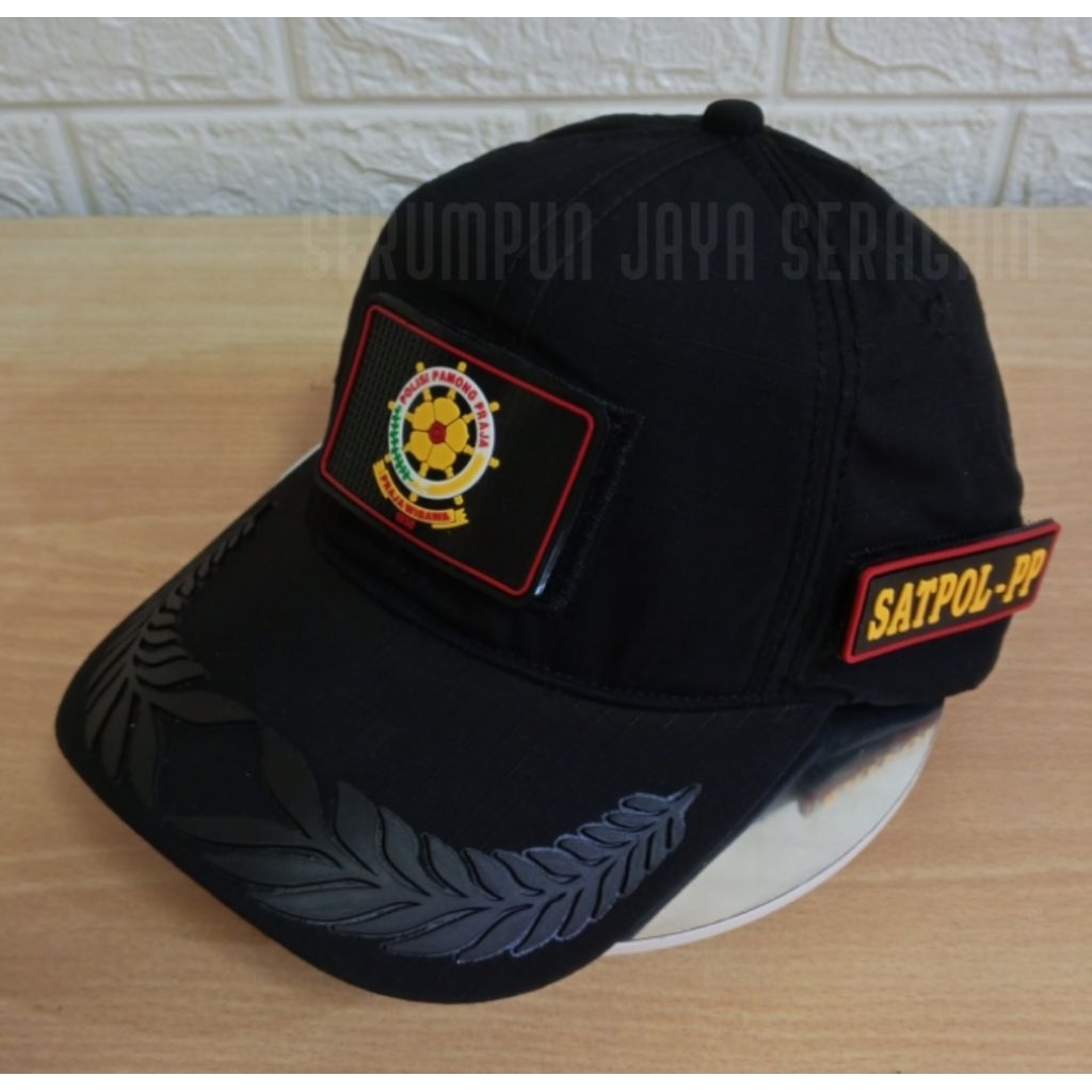 TOPI SATPOL PP PAMEN HITAM 3 PATCH RUBBER - TOPI PAMEN SATPOL PP HITAM PATCH RUBBER TEMPELAN PEREKAT