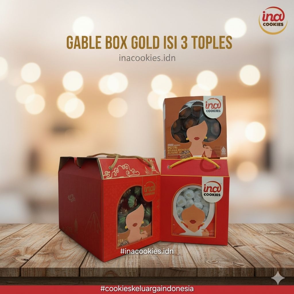 HAMPERS LEBARAN INA COOKIES ISI 3 TOPLES GOLD REGULER GABLE BOX INA COOKIES HAMPERS LEBARAN