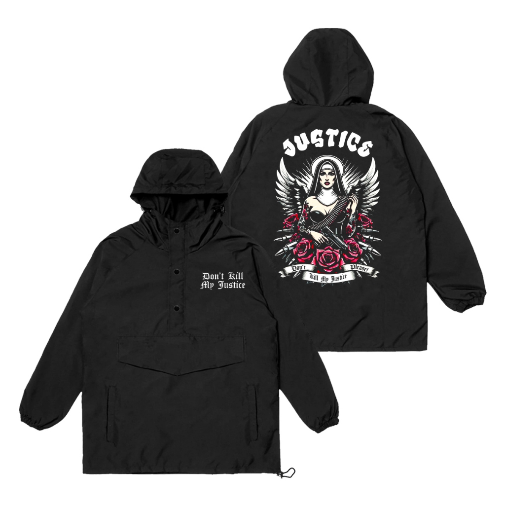 Ganzet Store Jacket Cougle JUSTICE Jacket Parasut Waterproof Tahan Air Jacket Hitam Panjang unisex p