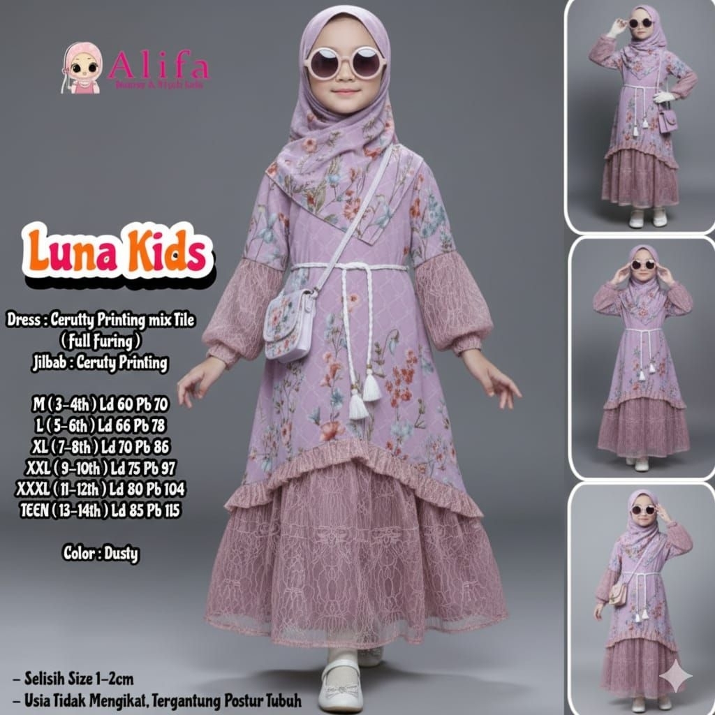 Luna Kids (ORI ALIFA )Gamis Anak Cerutty Tile Printing Setelan Hijab Anak Perempuan Terbaru/Gamis Pe