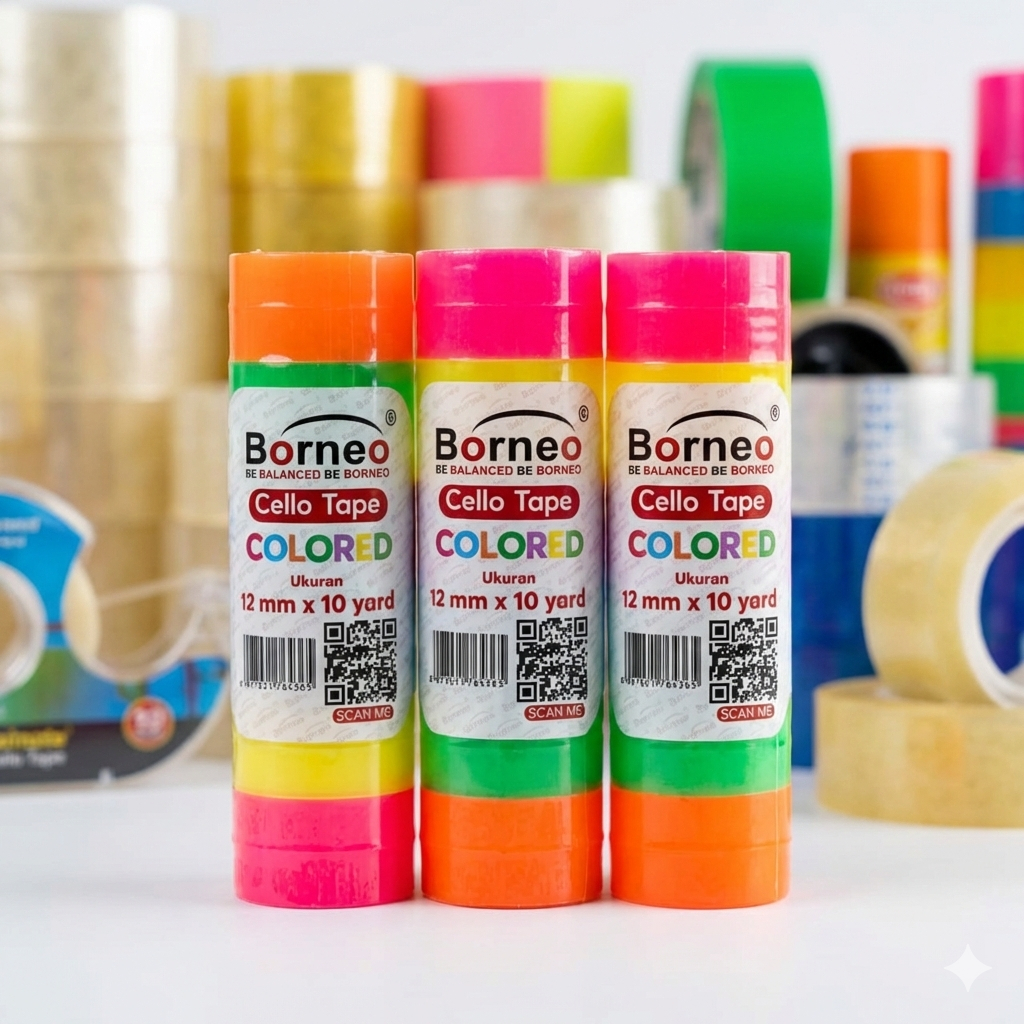 [12 pcs] Borneo cellotape / selotip plastik / isolasi plastik transparan warna warni