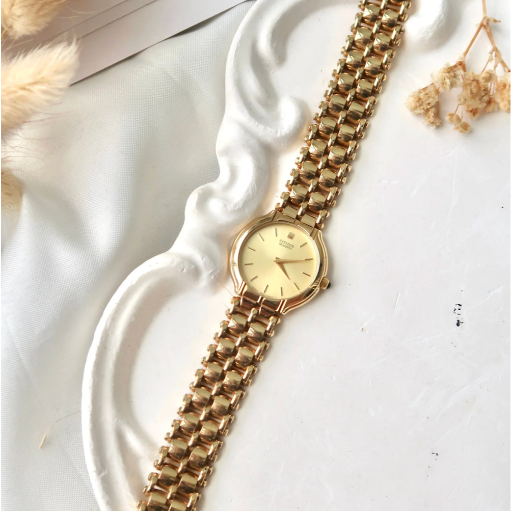 Jam Tangan Wanita Vintage Watch Citizen Gold Round Dial Gold Chain Original Autentik Preloved Bekas