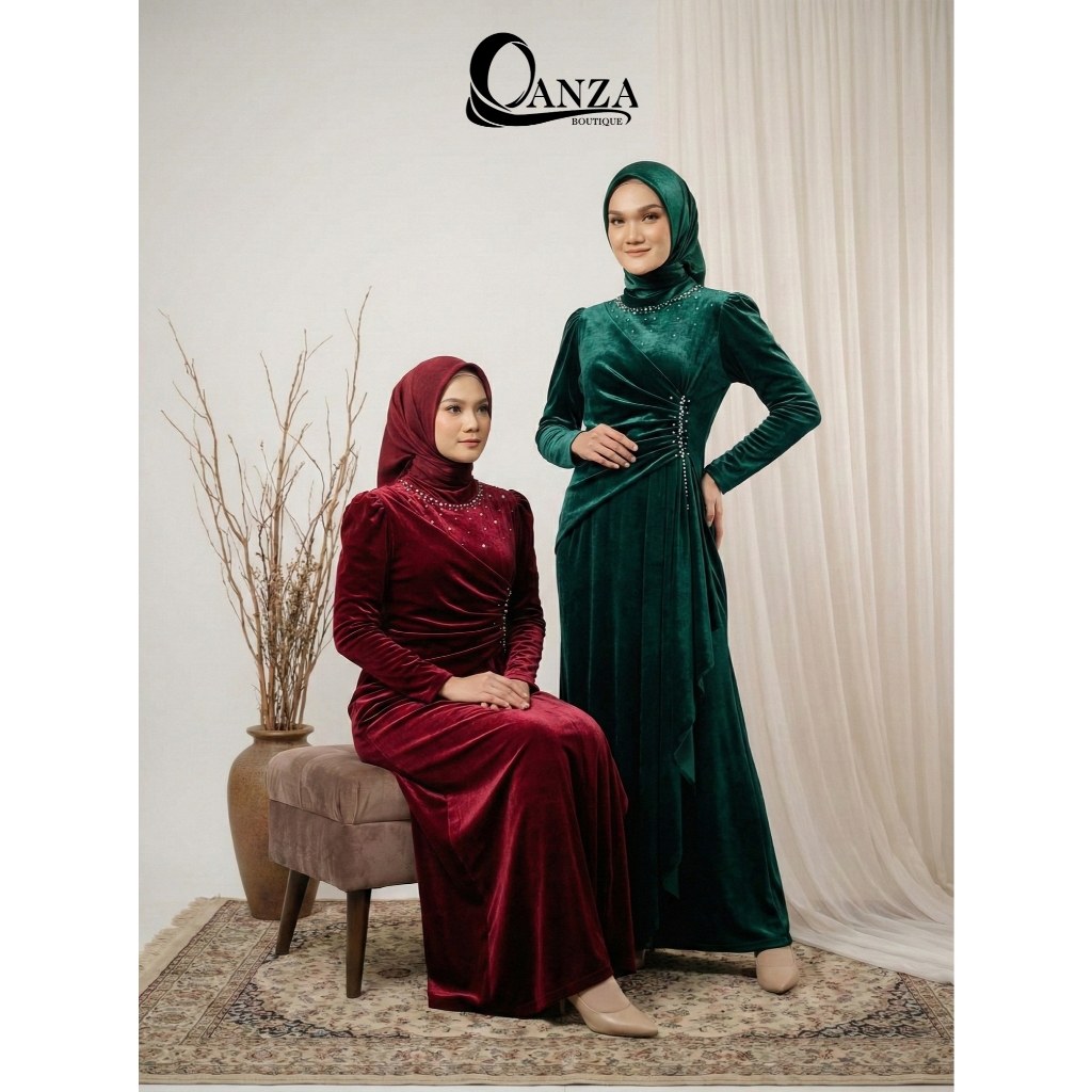 QANZA - SHANIA DRESS VELVET SUEDE | dress kondangan, gamis hijab, baju lebaran, busana muslim bludru