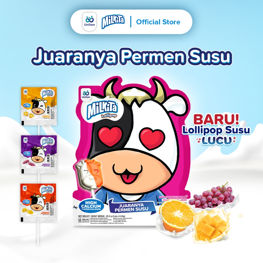 Milkita Milki Permen Lolipop Susu Lucu - Ekspresi Random 1 Pack (Isi 3 Pcs) Jeruk, Mangga, Anggur
