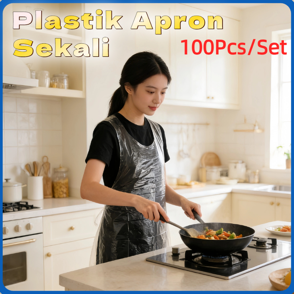 100Pcs Celemek Plastik Apron PE LDPE Sekali Pakai Disposable Anti Air Anti Minyak Waterproof Serbagu