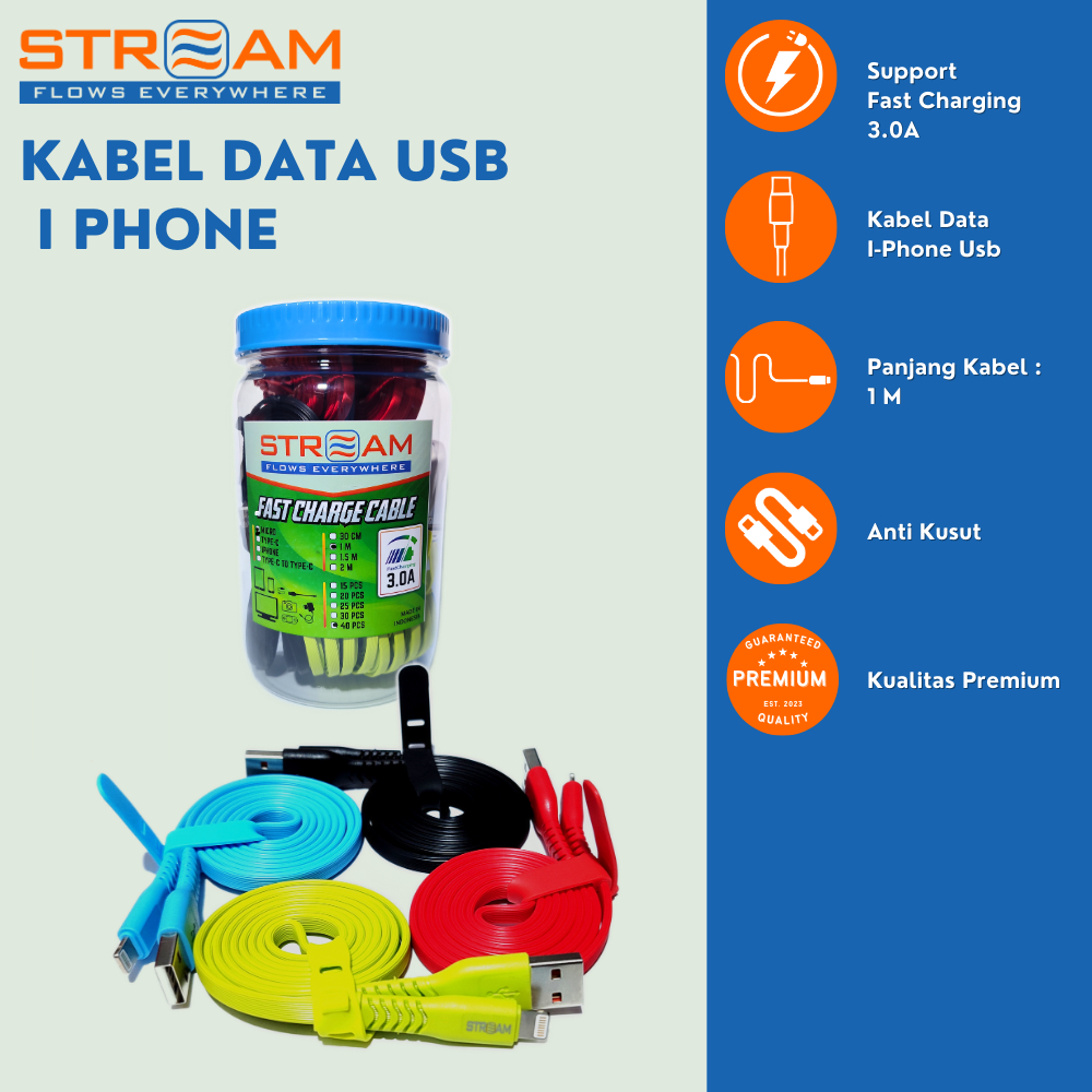 KABEL DATA FAST CHARGING LIGTHNING / KABEL CHARGER IPHONE MERK STREAM 1 METER 2 METER 3A FAST CHARGI