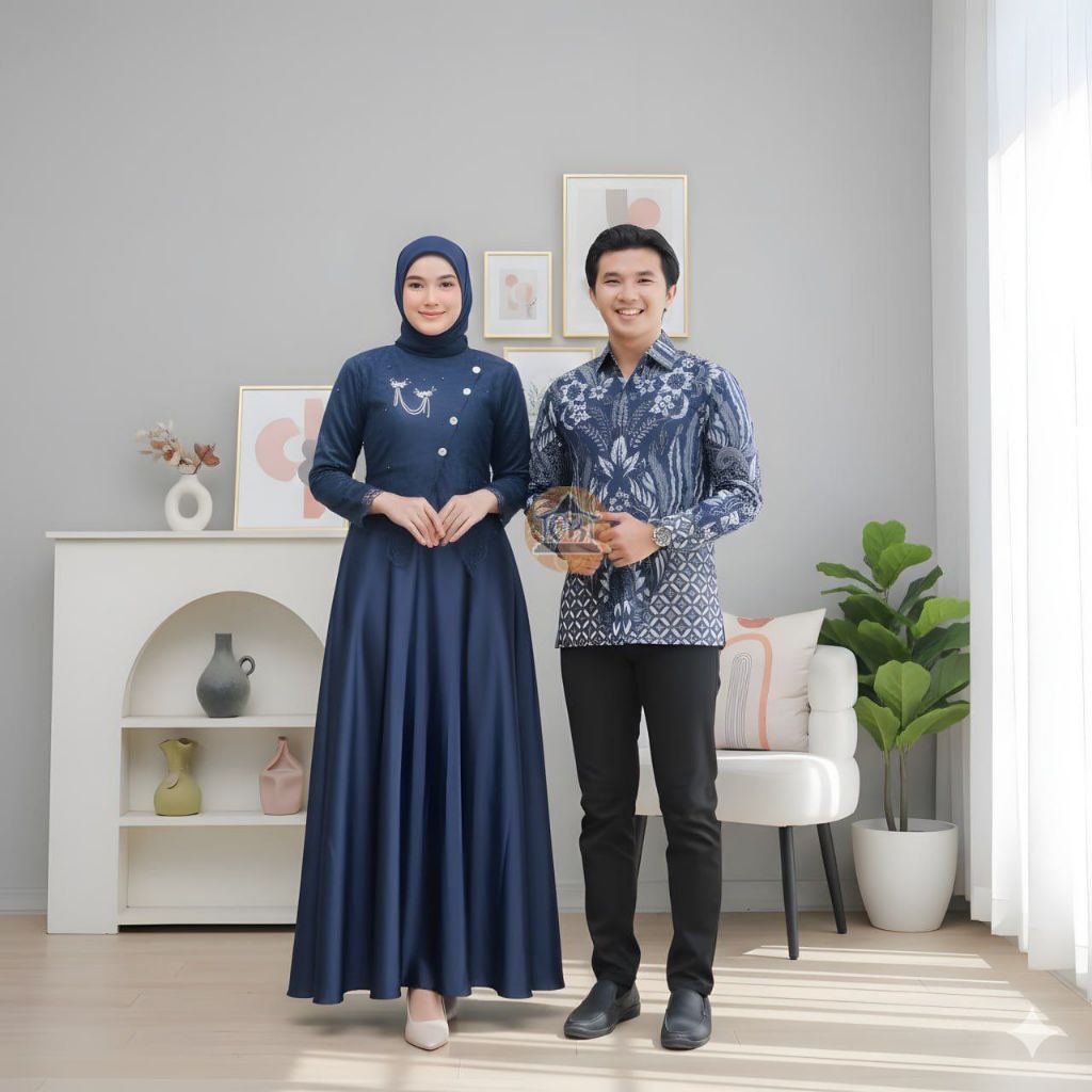 SET SAHARA DRESS NAVY ORI COUPLE KEMEJA PREMIUM / CUSTOM ANAK & JUMBO / BAJU SERAGAM BATIK PASANGAN 