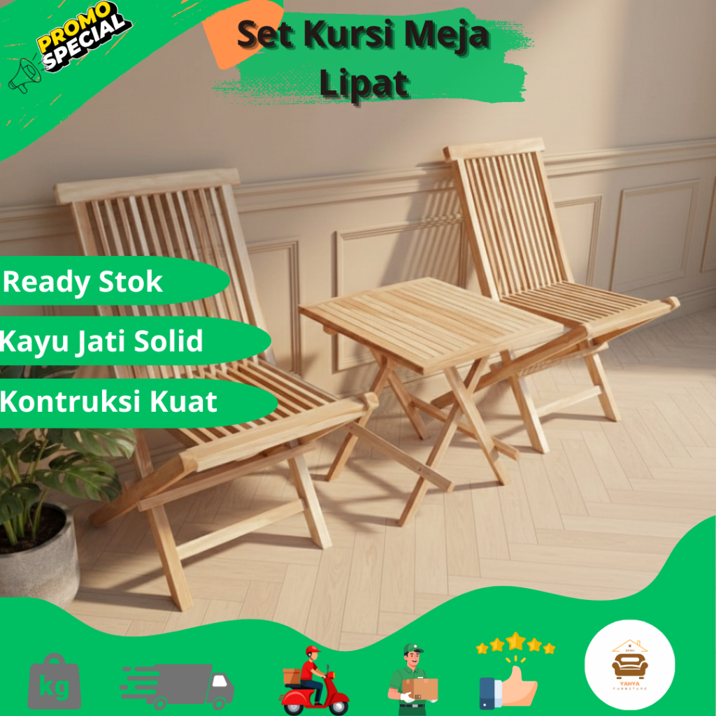 Paket Meja kursi Lipat Minimalis Kayu Jati Solid Kursi Cafe Kursi Tamu Jati