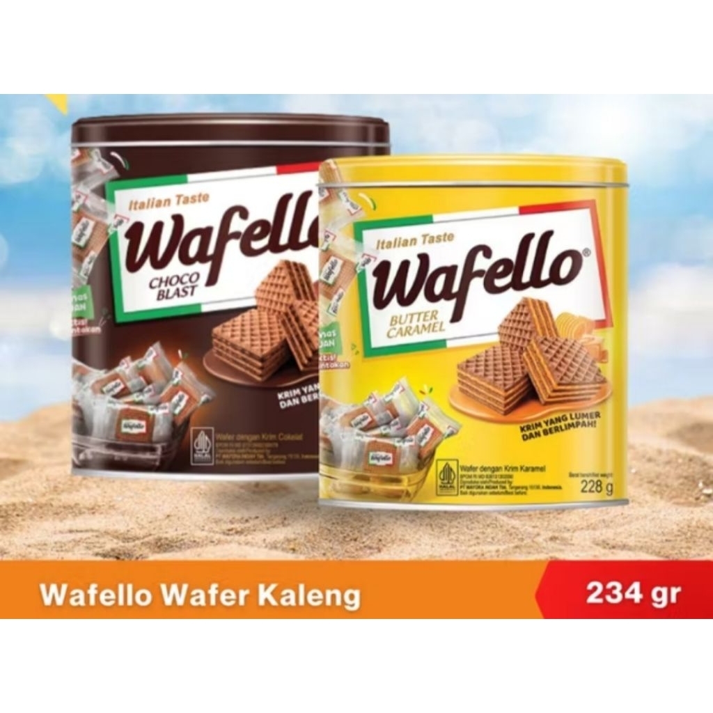 wafello wafer coklat/caramel kaleng 234gr