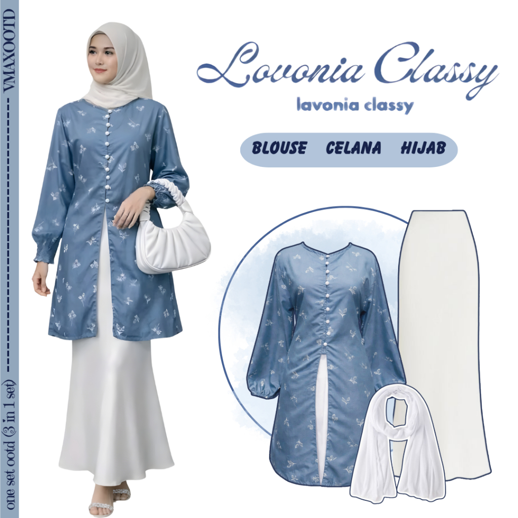 ONE SET (3 IN 1 SET) Setelan untuk Remaja-Dewasa Kekinian (Tunik, Rok Duyung, Pashmina) OOTD Kondang