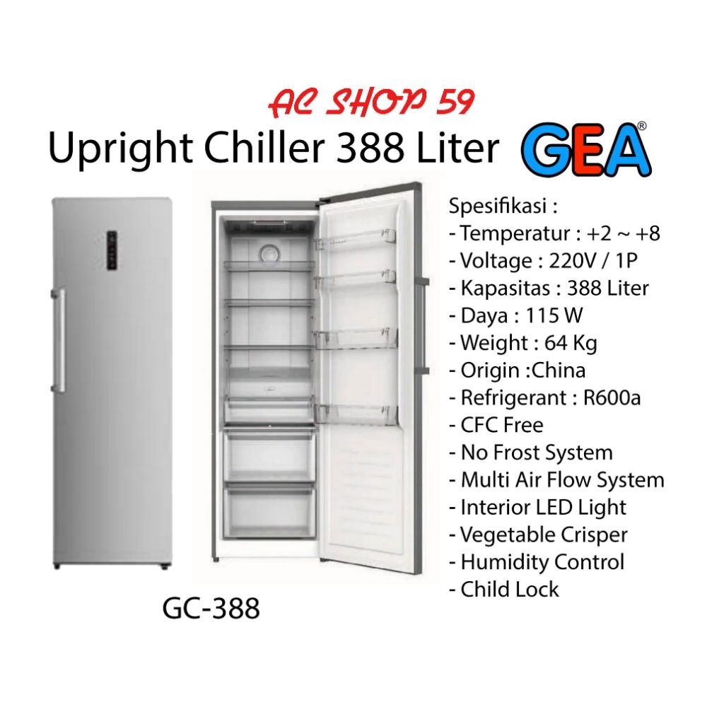 GEA GC-388 UPRIGHT CHILLER NO FROST 388L - KULKAS CHILLER NEW