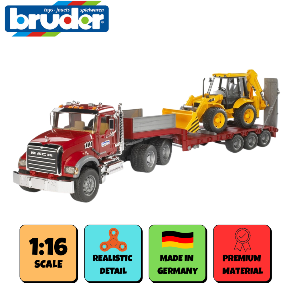 BRUDER 2813 MACK Granite Low loader and JCB 4CX - Mainan Miniatur Truk Bahan ABS