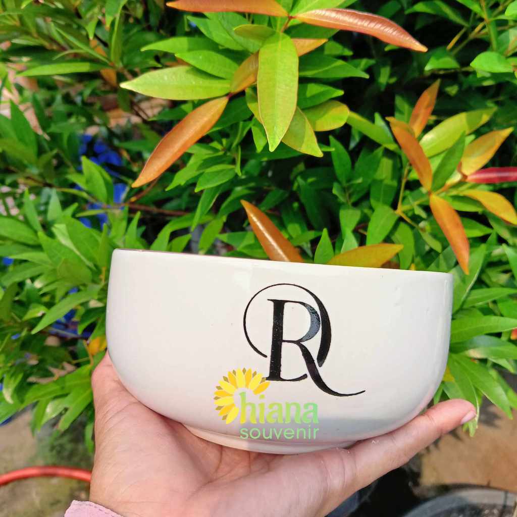 Souvenir Mangkok Keramik Two tone Ukuran Bakso Kemas Box Standar Cetak Custom Desain