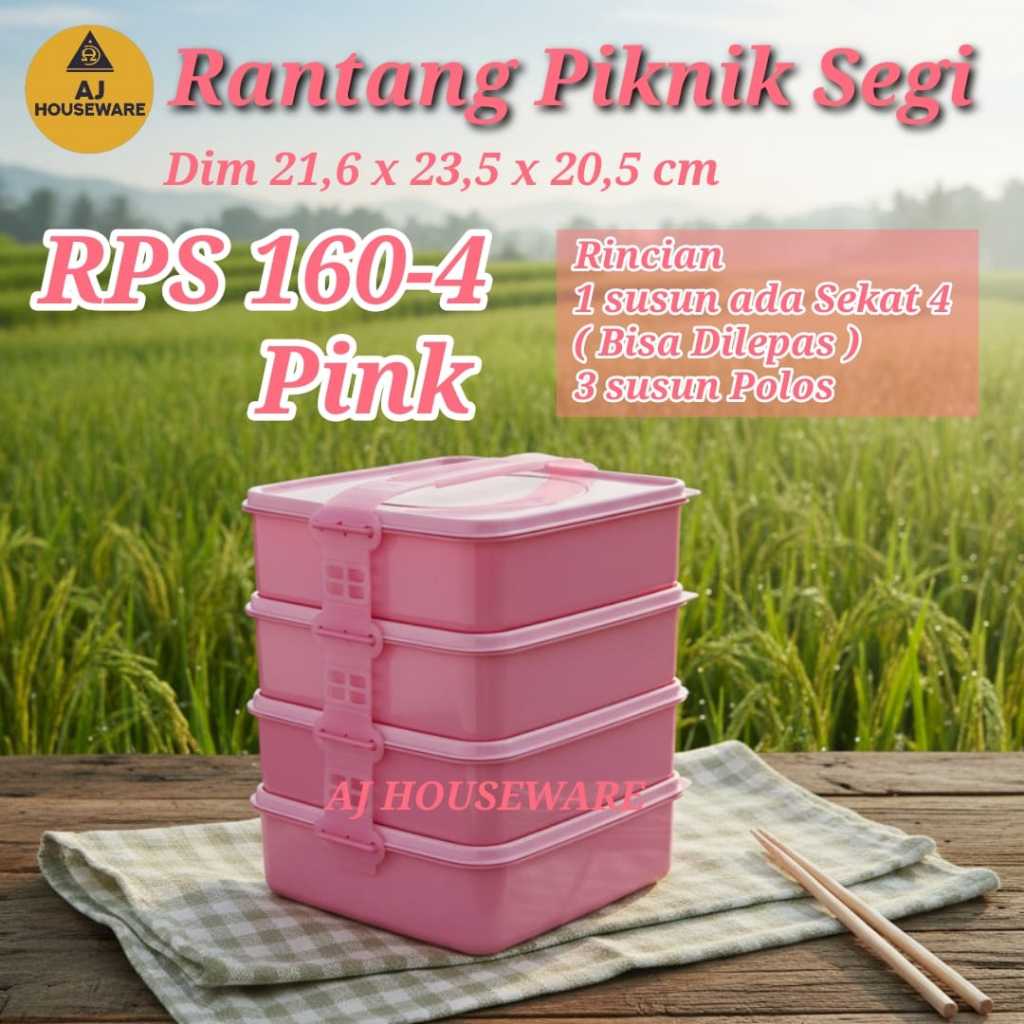 RPS 160-4 160-3 RANTANG SUSUN PLASTIK SEGI /RANTANG PIKNIK SUSUN 4 PINK GOLDEN LEMON