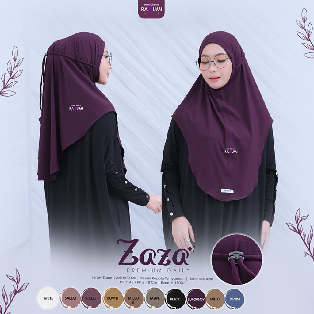 Jilbab Instan Zaza Khimar Syar'i Daily Premium Original RAQUMI HIJAB Jersey Super Tebal Adem Desain 