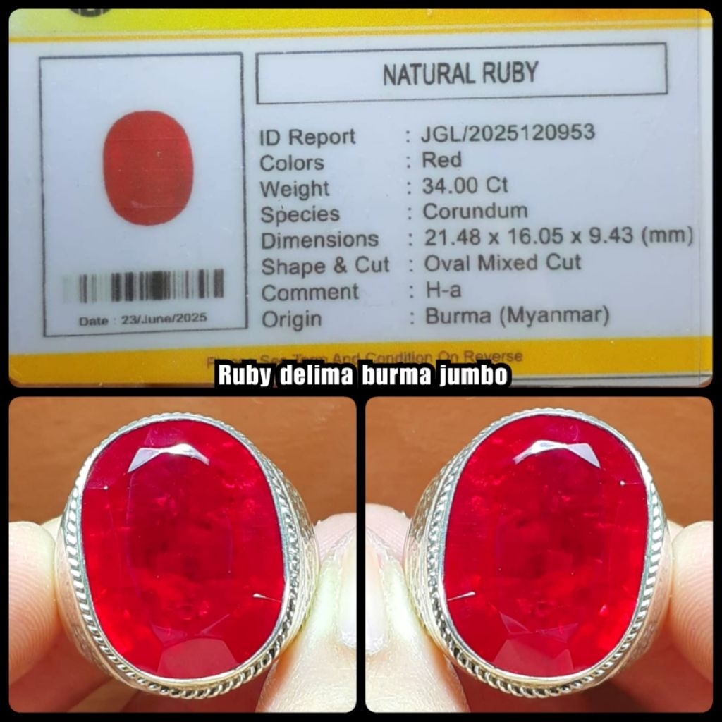 merah Ruby delima Burma super HQ jumbo + ring perak ukiran