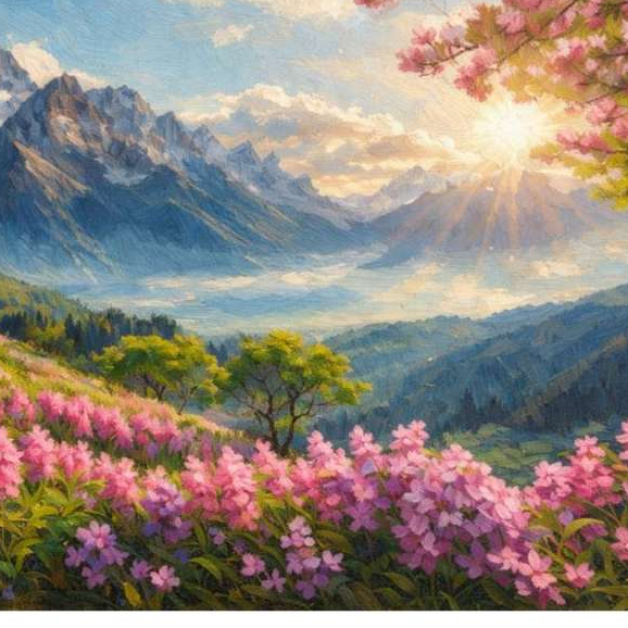 Lukisan Pemandangan Pegunungan & Bunga Musim Semi – Nuansa Damai & Hangat | Ukuran Besar 135×85 cm |