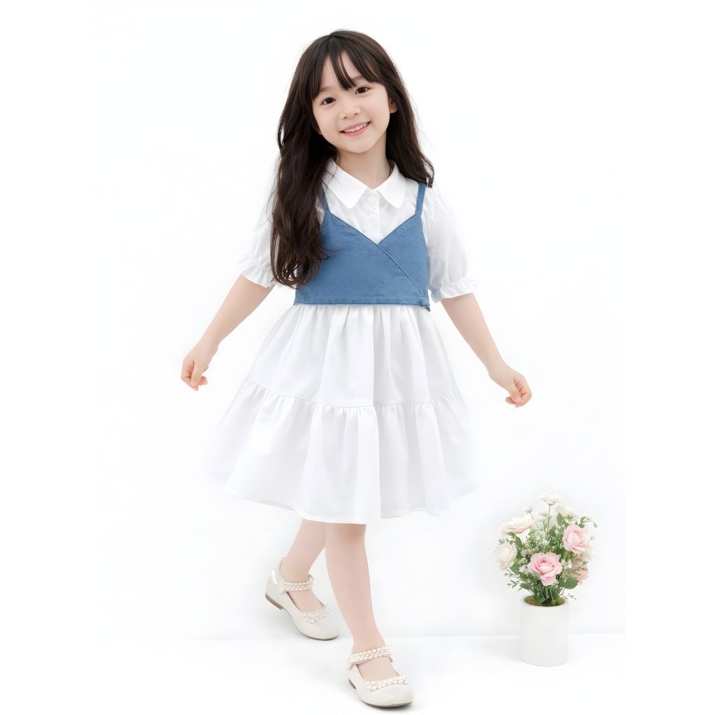 Dress anak Korea + Rompi Jeans Lucu Mini Dress Anak Perempuan Putih Lucu Gaun Casual Korea Model Ro