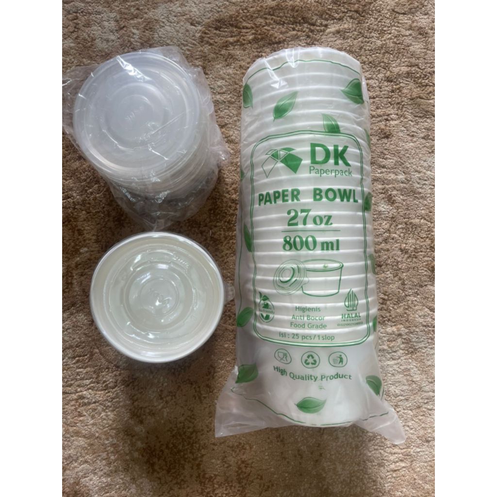 Paper Bowl DK  Putih 800 ml & 650 ml + Tutup isi 25 Pcs