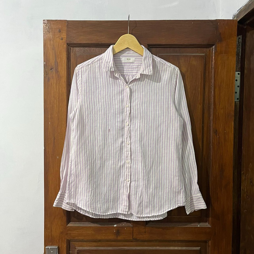 [S-M] Uniqlo Linen Striped Shirt | Purple White | P (65) x LD (48)