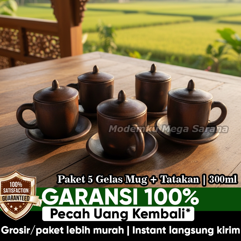 Set 5 pcs Gelas Mug Cangkir + Tatakan Lepek + Tutup Tanah Liat Gerabah - Kapasitas 300 ml - Diameter