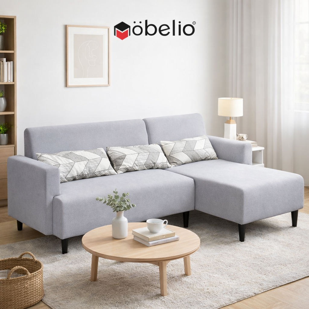 MOBELIO - Kursi Sofa L Tamu Modern Minimalis Abu Coklat Free Bantal - CAPELLA