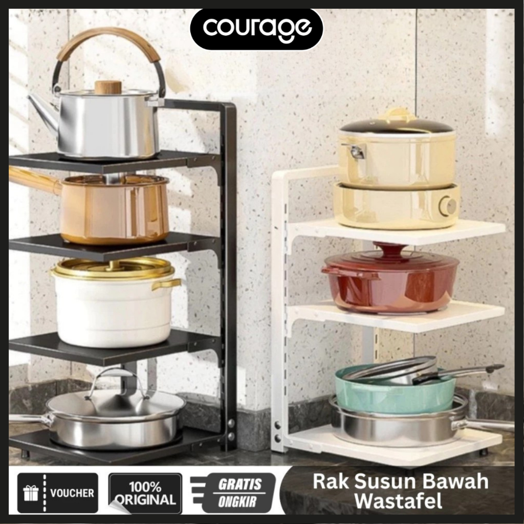 COURAGE Rak Susun Bawah Wastafel Rak Tingkat Beroda Rak Penyimpanan Adjustable Peralatan Rumah Dapur